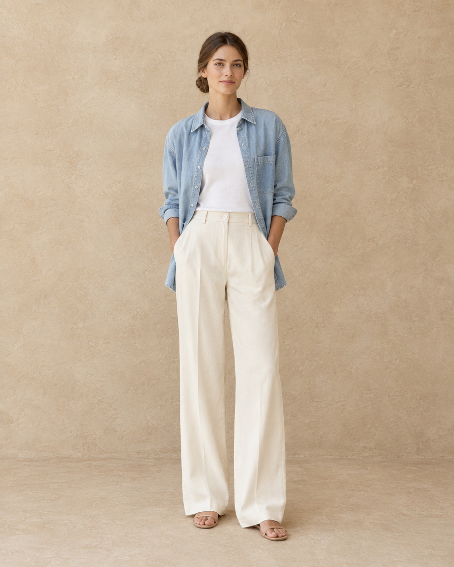 ONORA Logan Loose Denim Shirt — worn open as a layer
