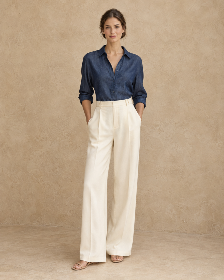 ONORA Amelie Denim-Look Blouse — full length front, Dark Blue