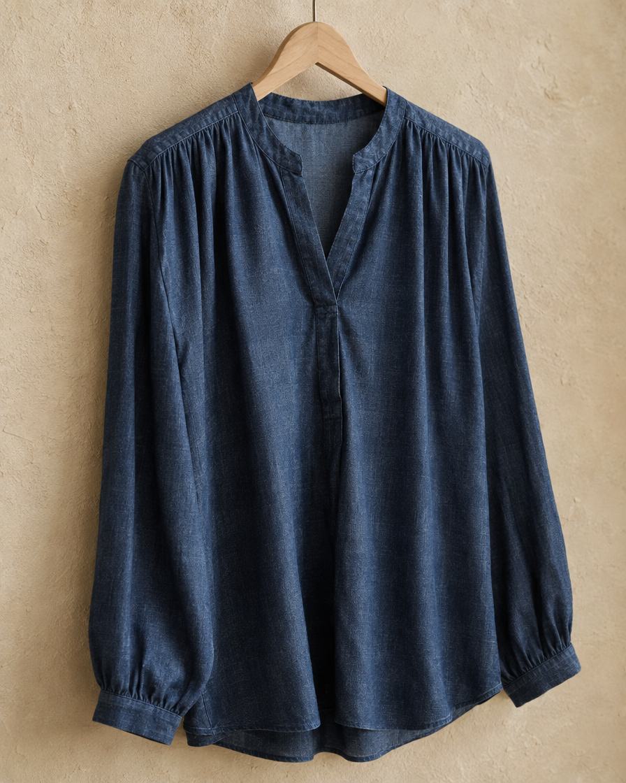 ONORA Amelie Denim-Look Blouse — fabric drape detail