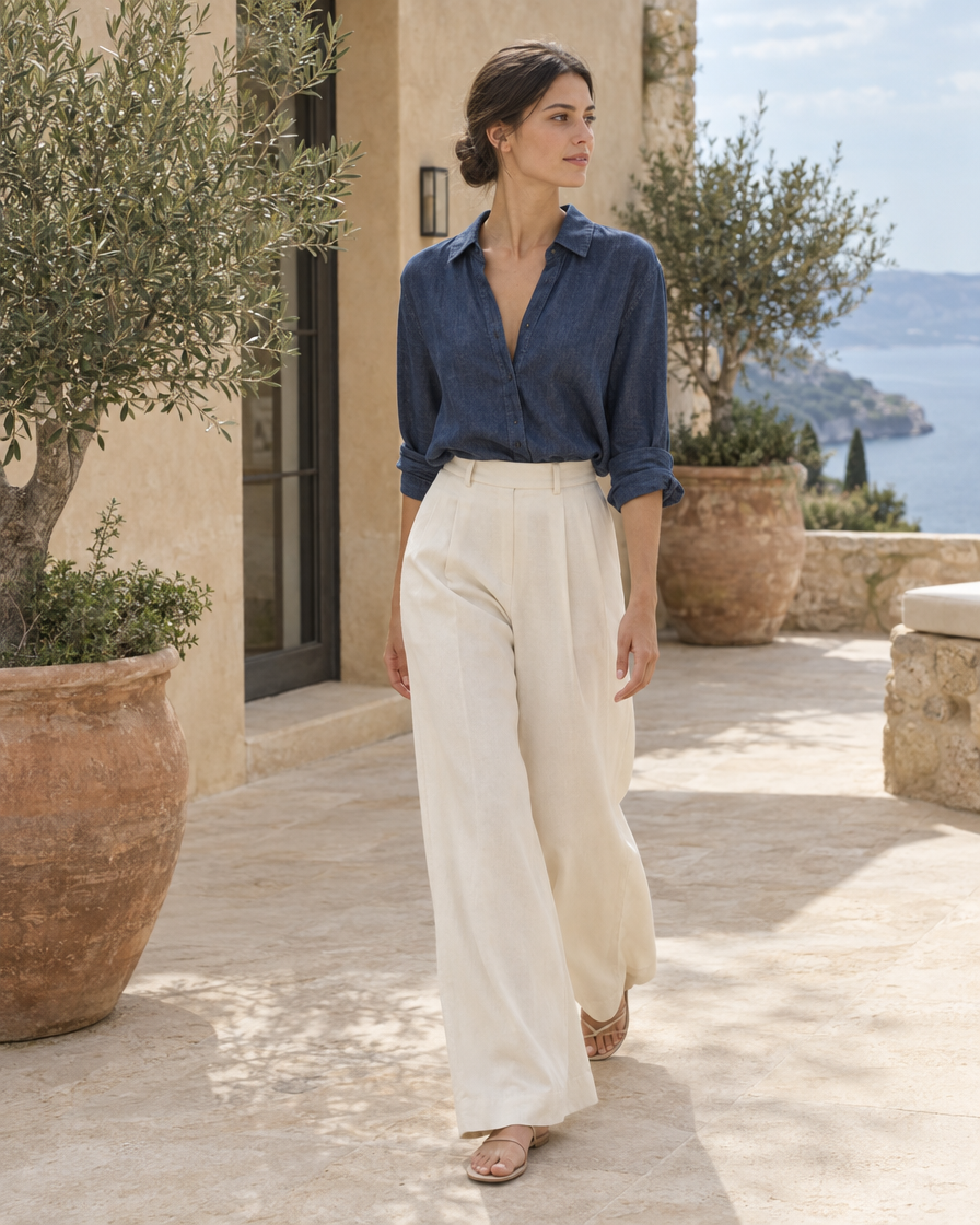 ONORA Amelie Denim-Look Blouse — worn on a villa terrace