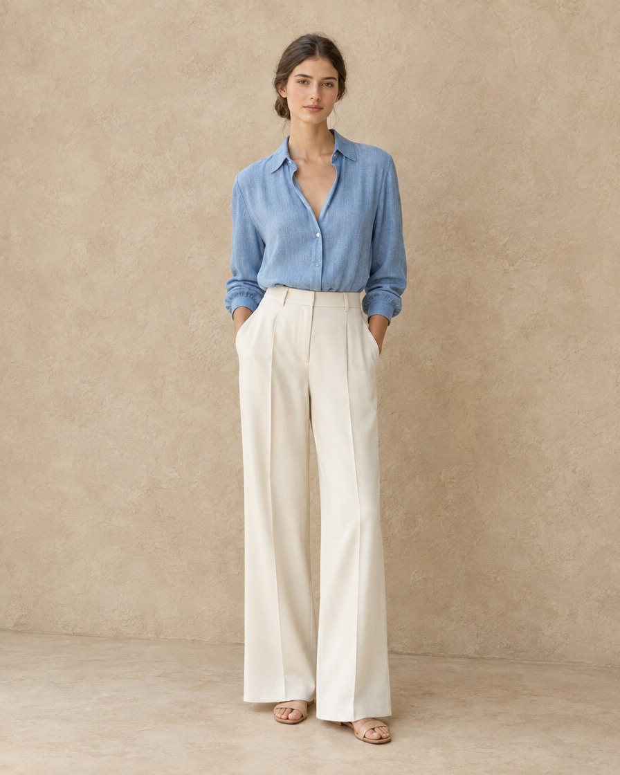 ONORA Amelie Denim-Look Blouse — Light Blue