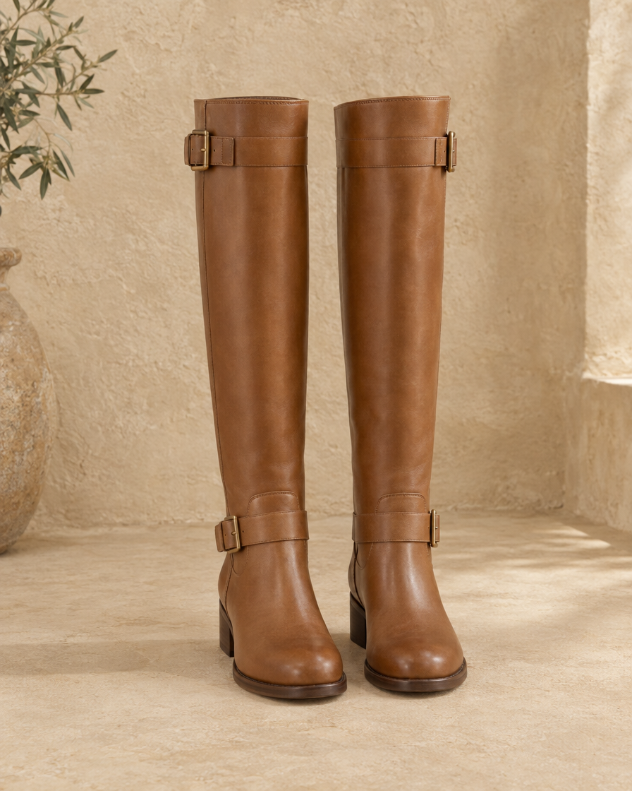 Knee-High Riding Boots with Buckle Straps and Low Block Heel — Light Brown