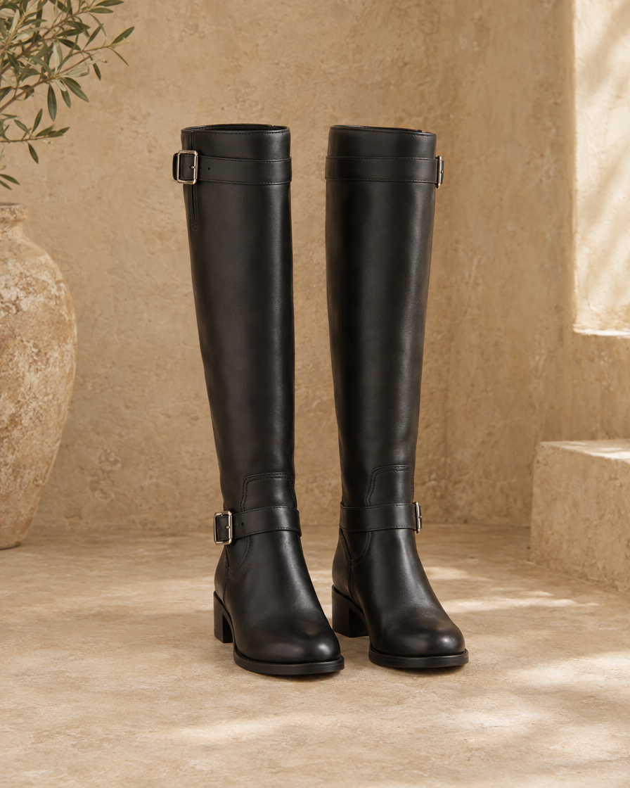 Knee-High Riding Boots with Buckle Straps and Low Block Heel — pair, front view, Black