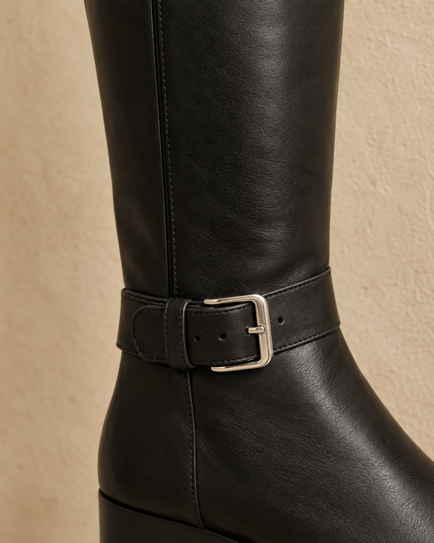 Knee-High Riding Boots with Buckle Straps and Low Block Heel — buckle detail