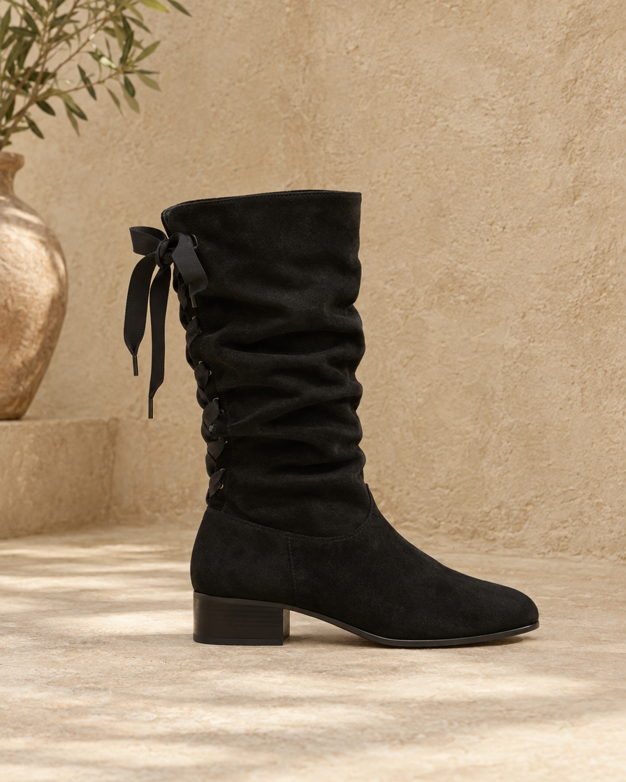 Slouchy Mid-Calf Boots with Ribbon Lace-Up Back — side profile