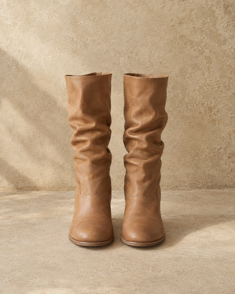 Slouchy Mid-Calf Boots with Round Toe and Flat Sole — Light Brown
