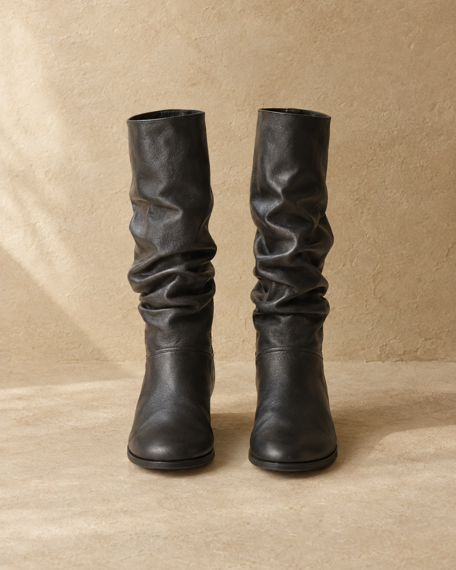 Slouchy Mid-Calf Boots with Round Toe and Flat Sole — pair, front view, Black