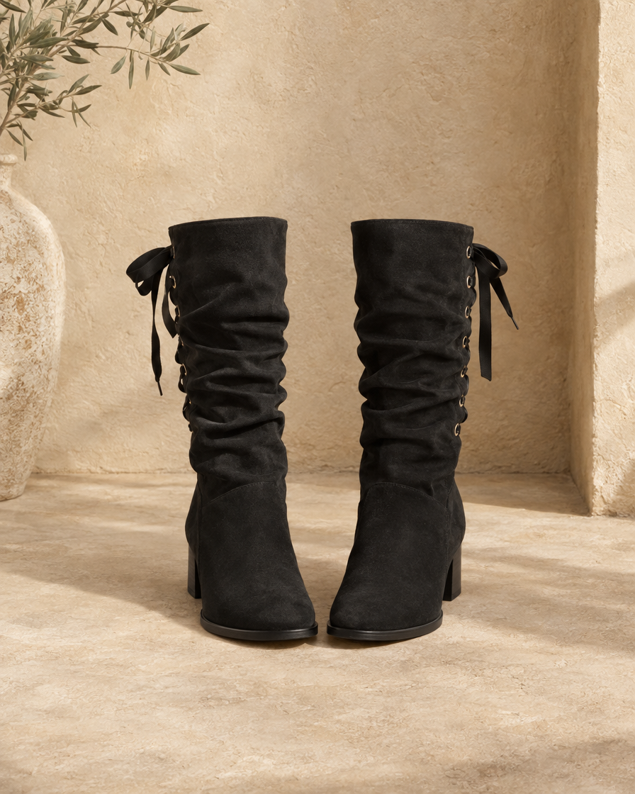 Slouchy Mid-Calf Boots with Ribbon Lace-Up Back — pair, front view, Black