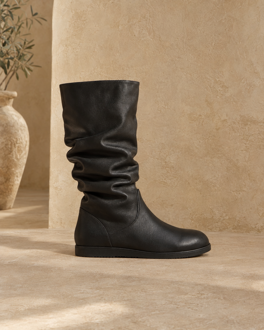 Slouchy Mid-Calf Boots with Round Toe and Flat Sole — side profile