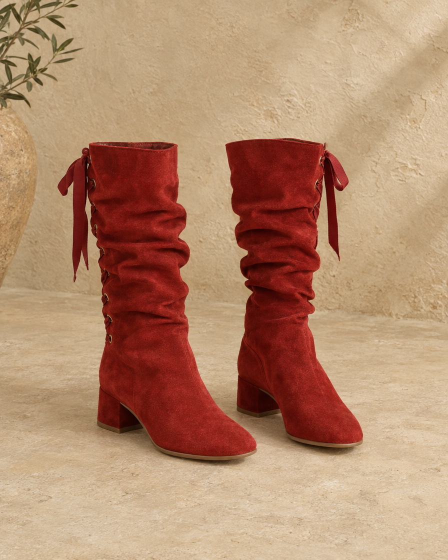 Slouchy Mid-Calf Boots with Ribbon Lace-Up Back — Red