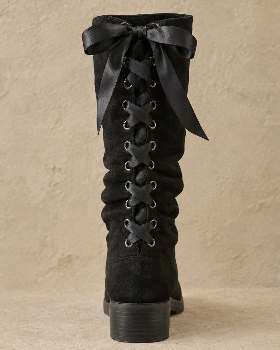 Slouchy Mid-Calf Boots with Ribbon Lace-Up Back — ribbon lace-up detail