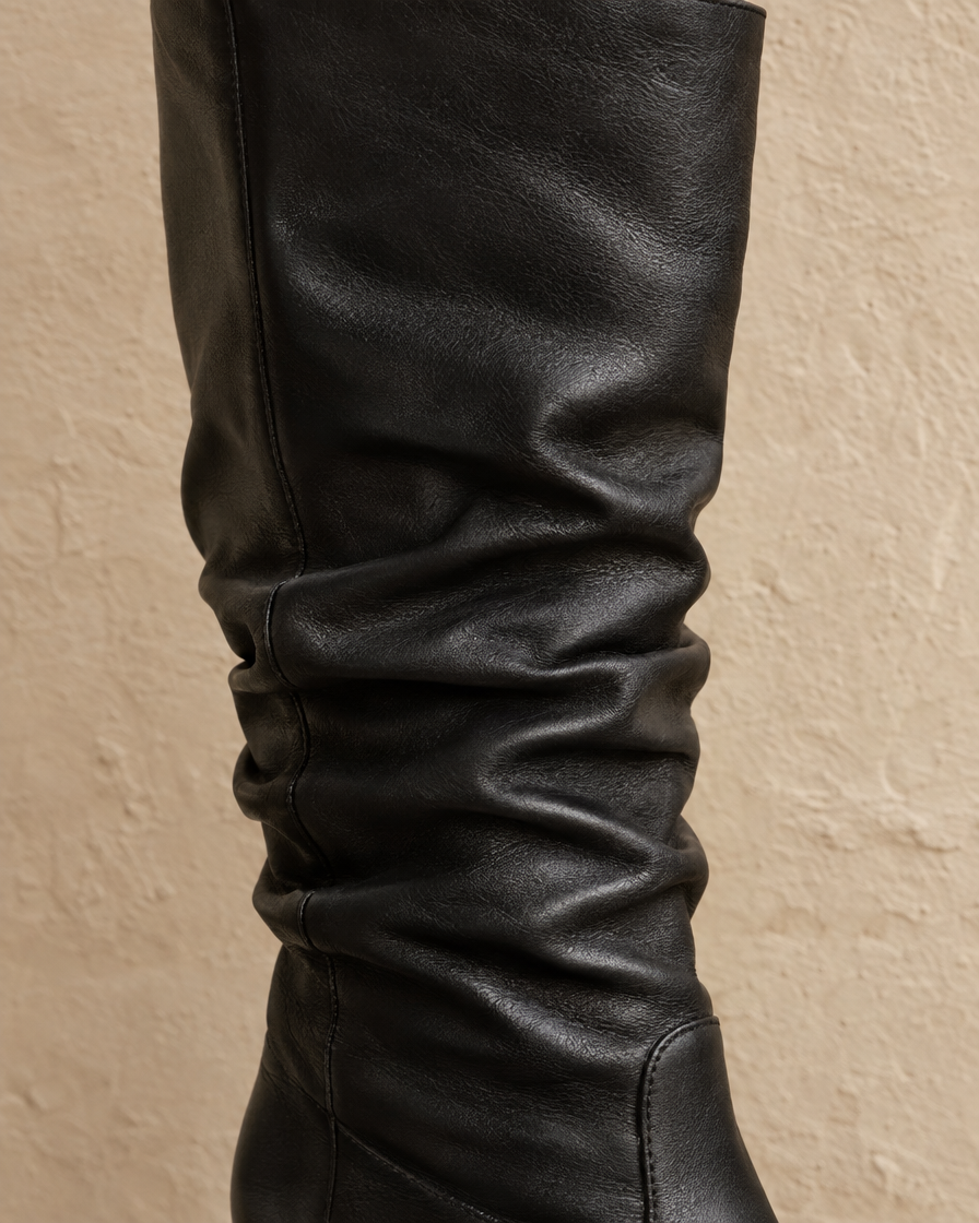 Slouchy Mid-Calf Boots with Round Toe and Flat Sole — slouch fold detail