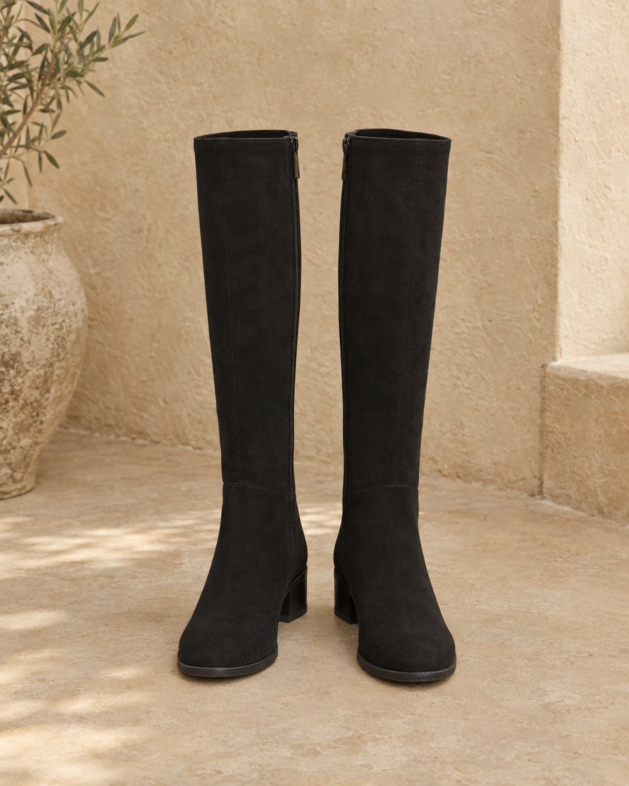 Knee-High Boots with Cushioned Footbed and Side Zipper — pair, front view, Black