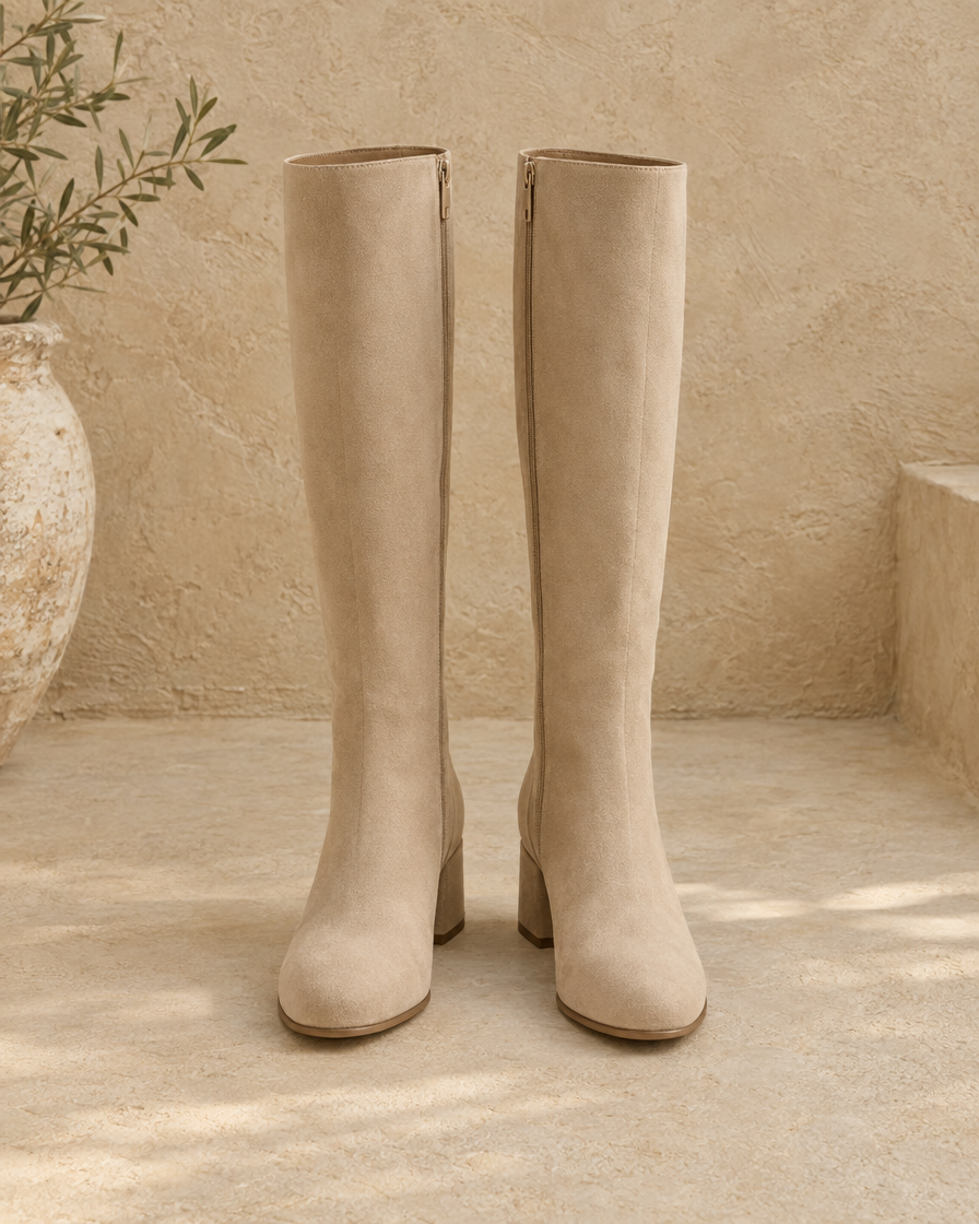 Knee-High Boots with Cushioned Footbed and Side Zipper — Beige