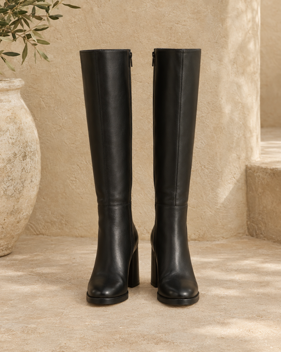 Round Toe Knee-High Boots with Block Heel — pair, front view, Black
