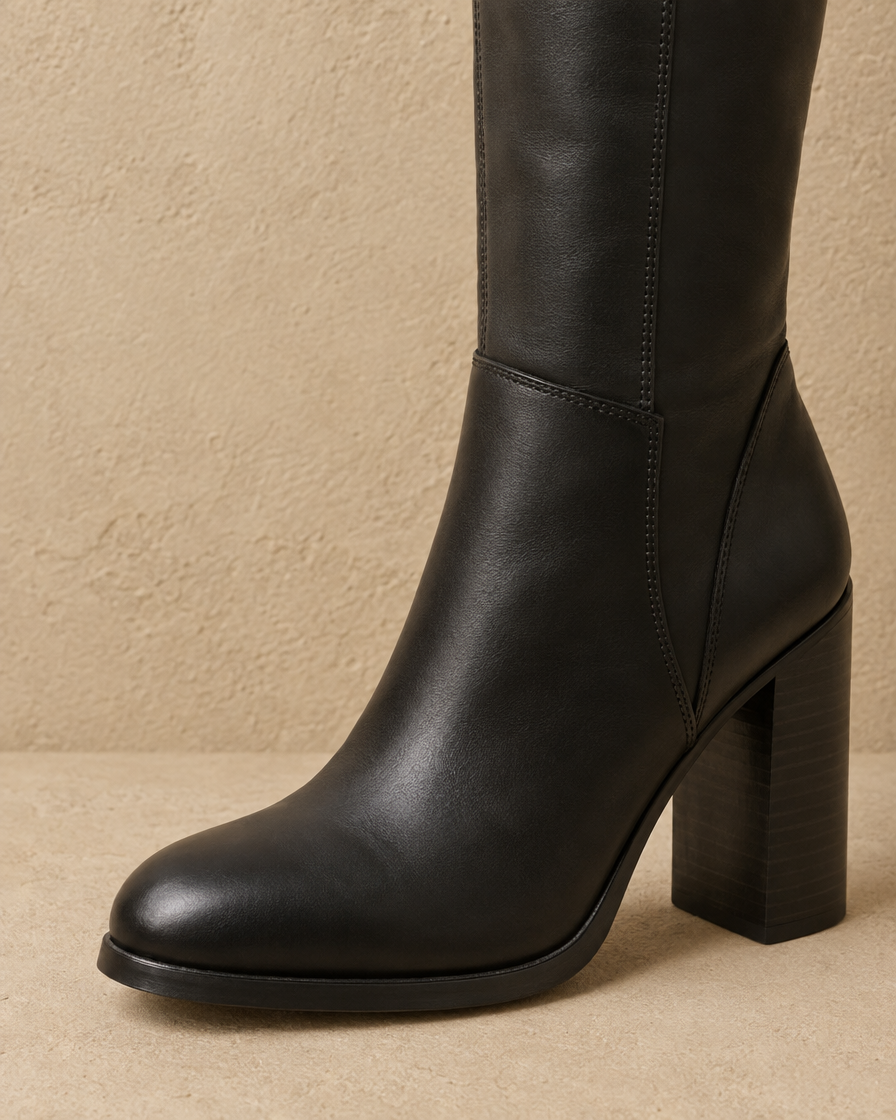 Round Toe Knee-High Boots with Block Heel — toe and block heel detail