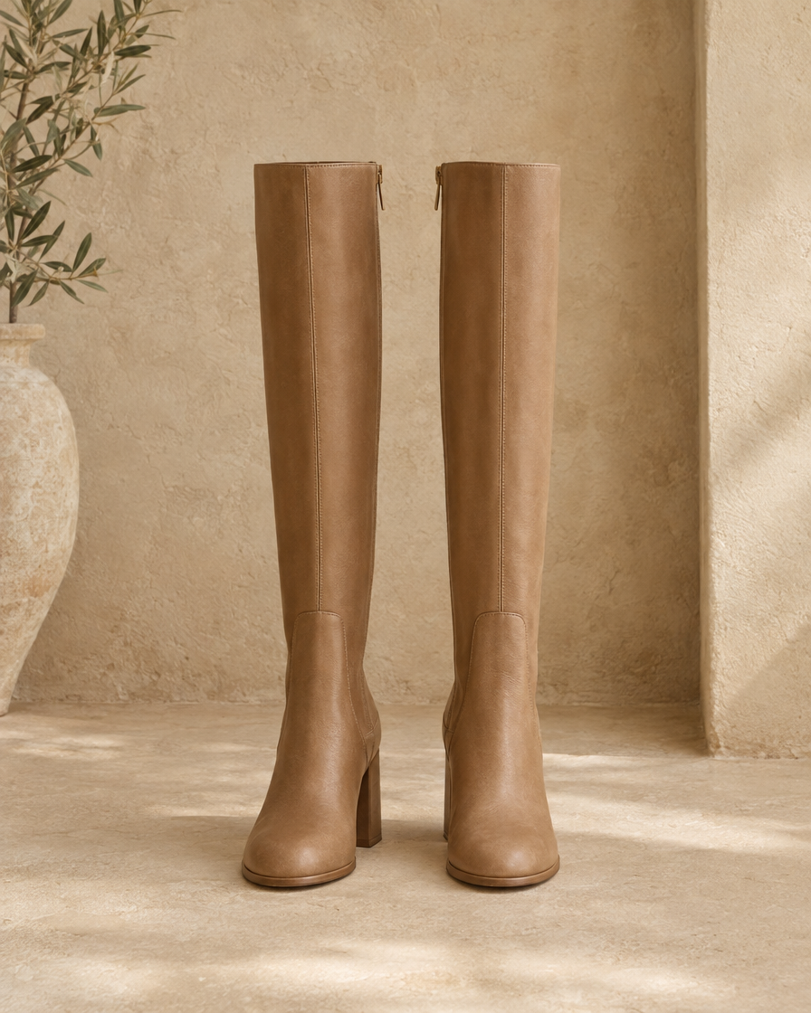 Round Toe Knee-High Boots with Block Heel — Light Brown
