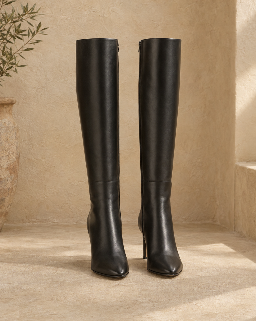 Leather Knee-High Boots with Slim Heel — pair, front view, Black
