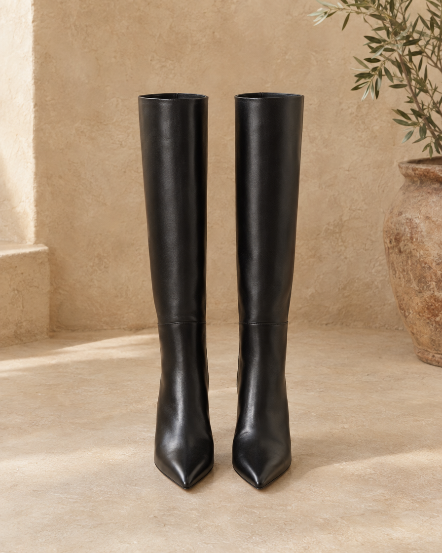 Pointed Toe Knee-High Boots with Wide Opening — pair, front view, Black