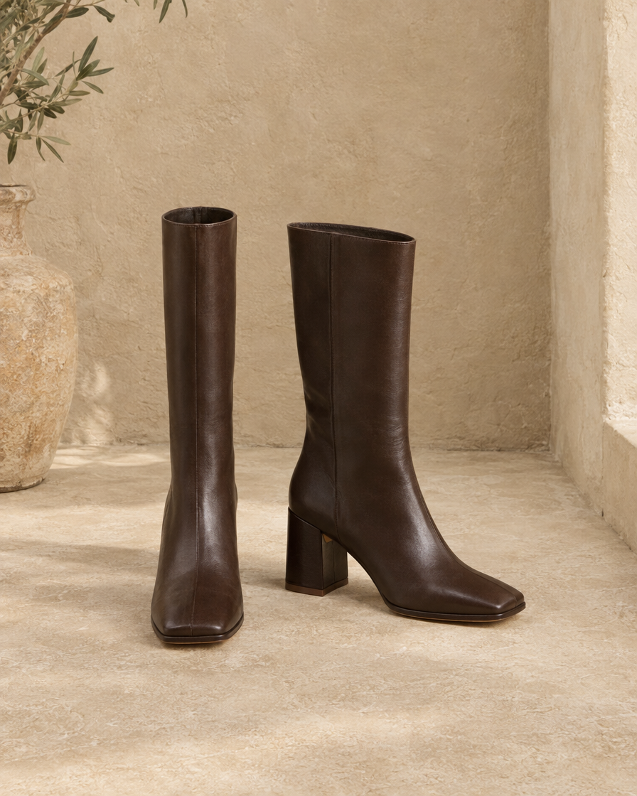 Women's Mid-Calf Boots with Square Toe and Block Heel — pair, three-quarter view