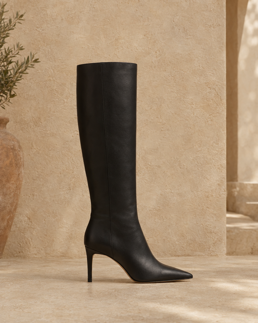 Pointed Toe Knee-High Boots with Wide Opening — side profile
