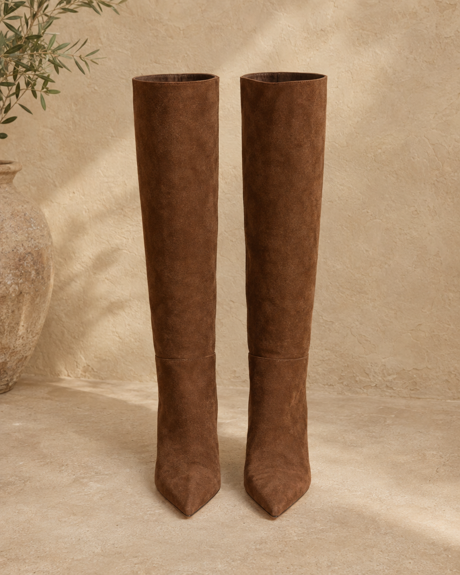 Pointed Toe Knee-High Boots with Wide Opening — Brown Suede