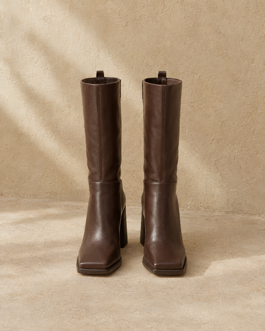 Women's Mid-Calf Boots with Square Toe and Block Heel — pair, front view, Dark Brown
