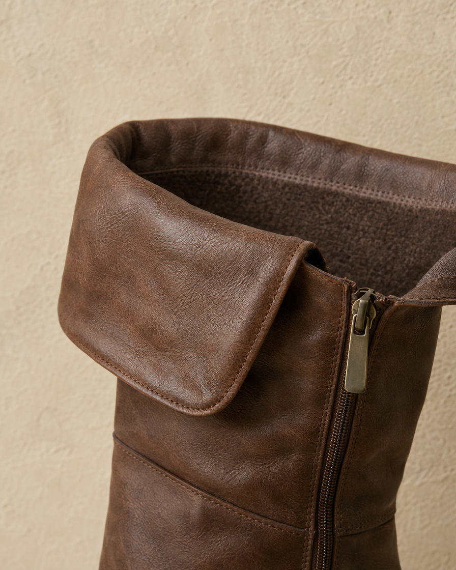 Women's Fold-Over Mid-Calf Boots with Side Zipper — fold-over panel detail
