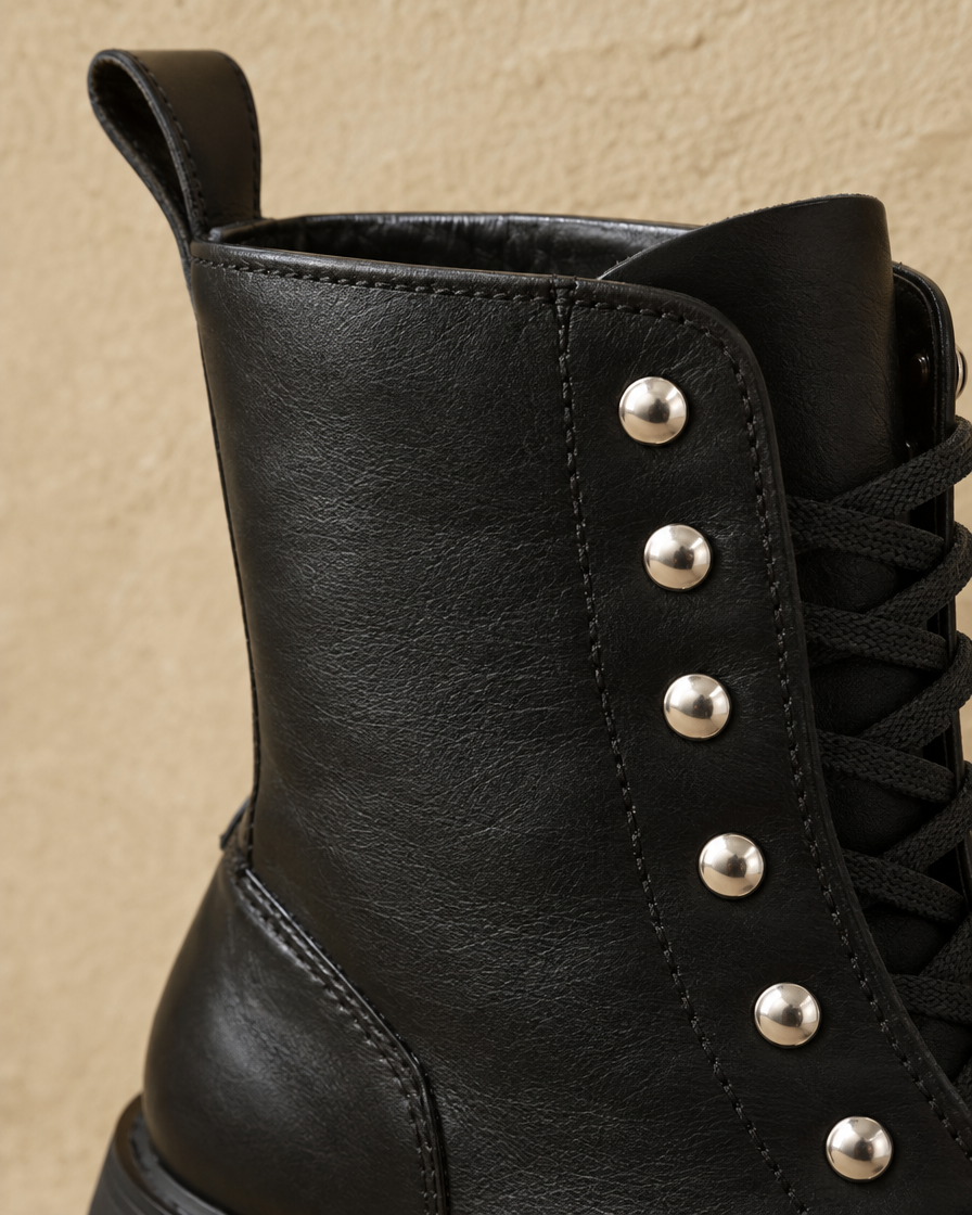 High-Cut Boots with Chunky Heel and Rivet Detail — rivet detail