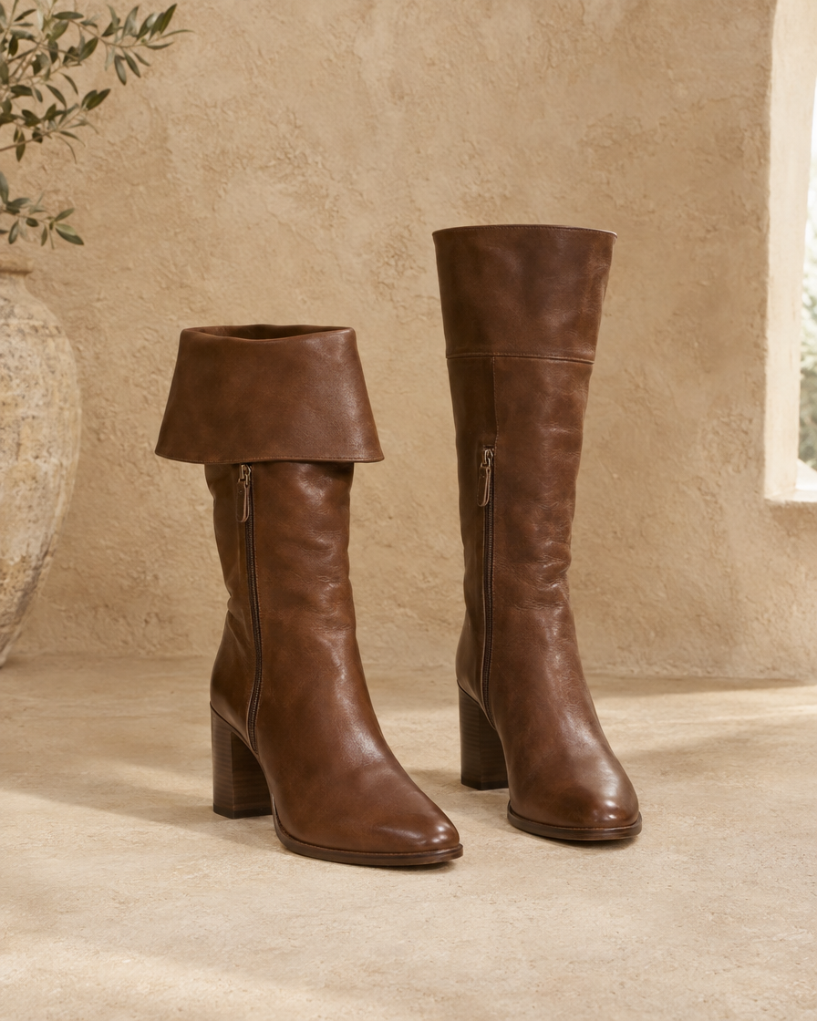 Women's Fold-Over Mid-Calf Boots with Side Zipper — pair, front view, Brown