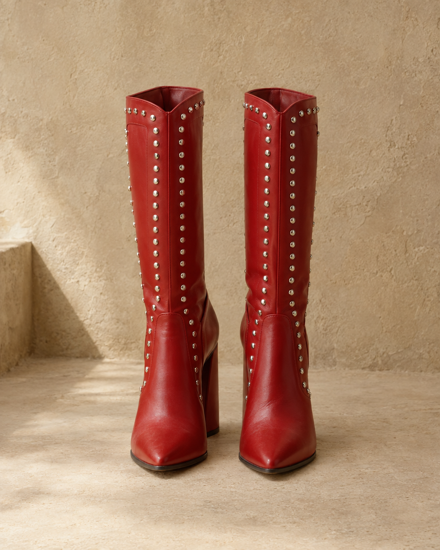 High-Cut Boots with Chunky Heel and Rivet Detail — Red