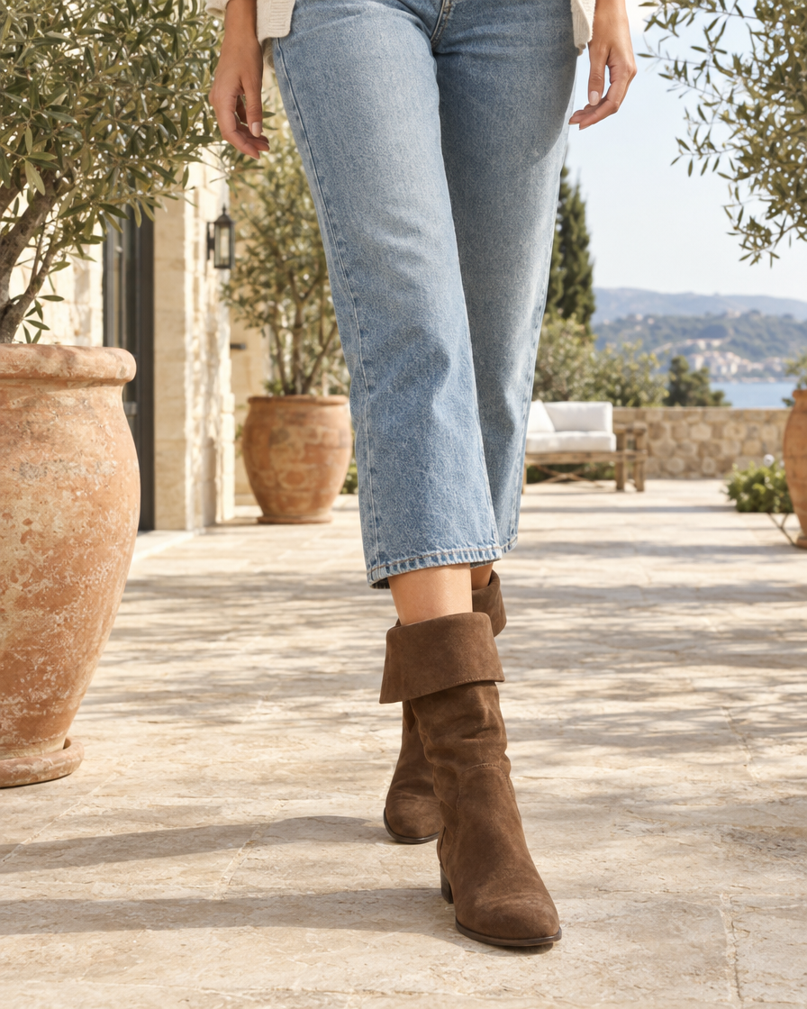 Women's Fold-Over Mid-Calf Boots with Side Zipper — worn outdoors