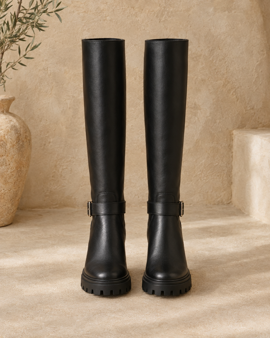 Knee-High Boots with Buckle Strap and Lug Sole — pair, front view, Black