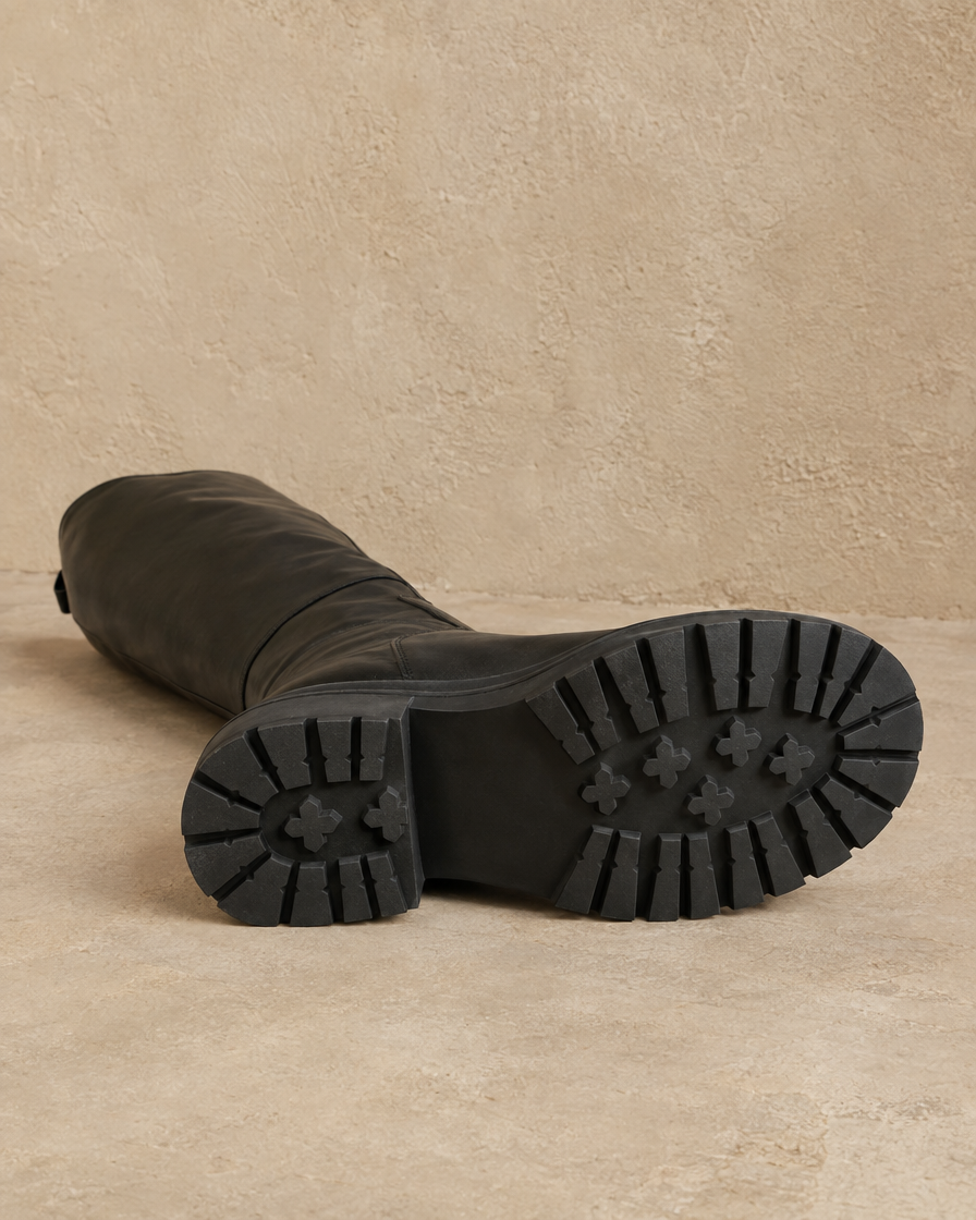Knee-High Boots with Buckle Strap and Lug Sole — lug outsole
