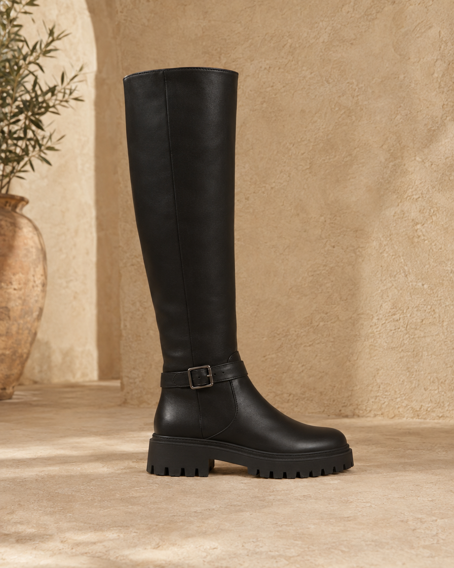 Knee-High Boots with Buckle Strap and Lug Sole — side profile