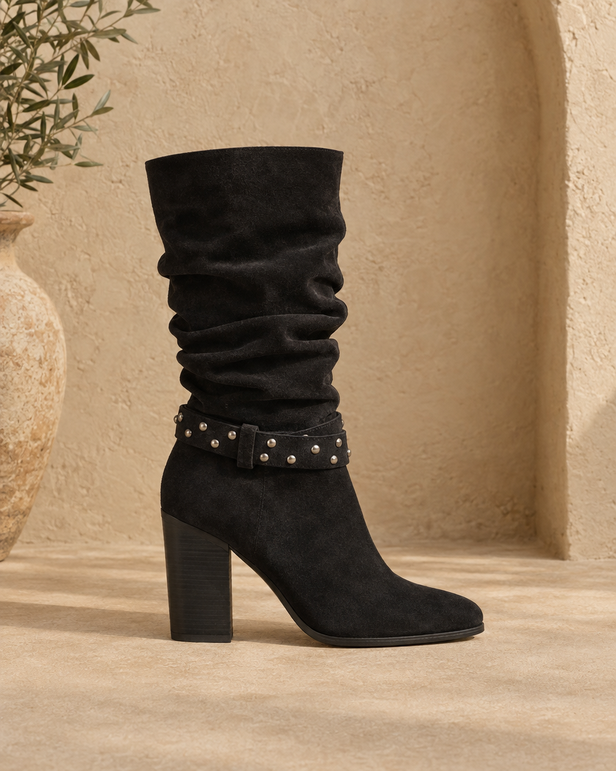 Slouchy Suede Mid-Calf Boots with Stud Strap — side profile