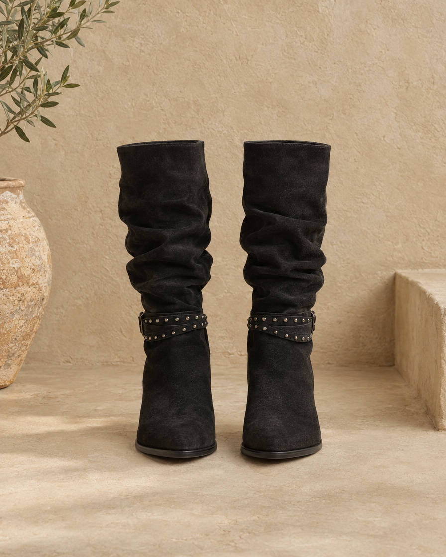 Slouchy Suede Mid-Calf Boots with Stud Strap — pair, front view, Black