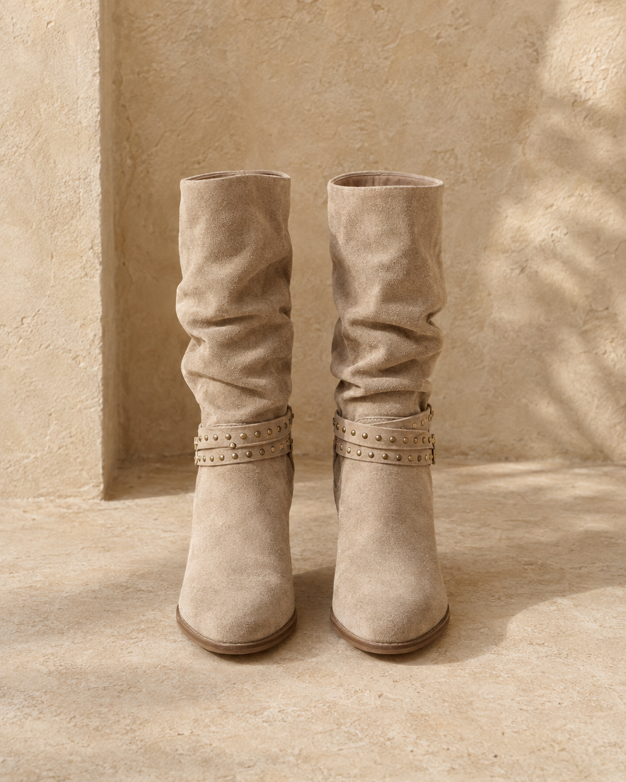 Slouchy Suede Mid-Calf Boots with Stud Strap — Beige