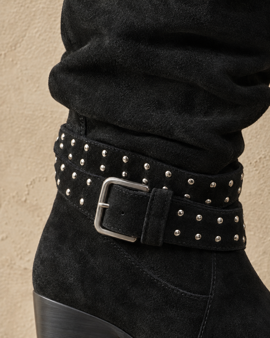 Slouchy Suede Mid-Calf Boots with Stud Strap — stud strap detail