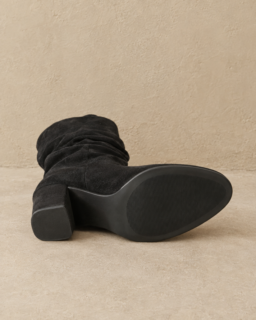 Slouchy Suede Mid-Calf Boots with Stud Strap — outsole