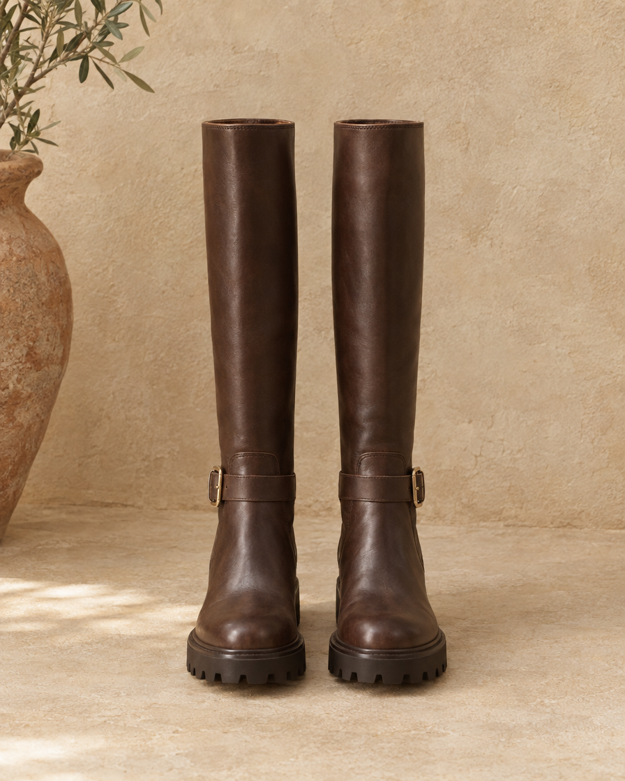 Knee-High Boots with Buckle Strap and Lug Sole — Dark Brown