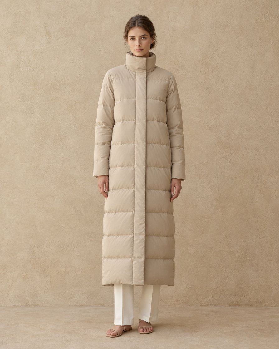 ONORA Winslow Full-Length Quilted Puffer Coat — full length front, Beige