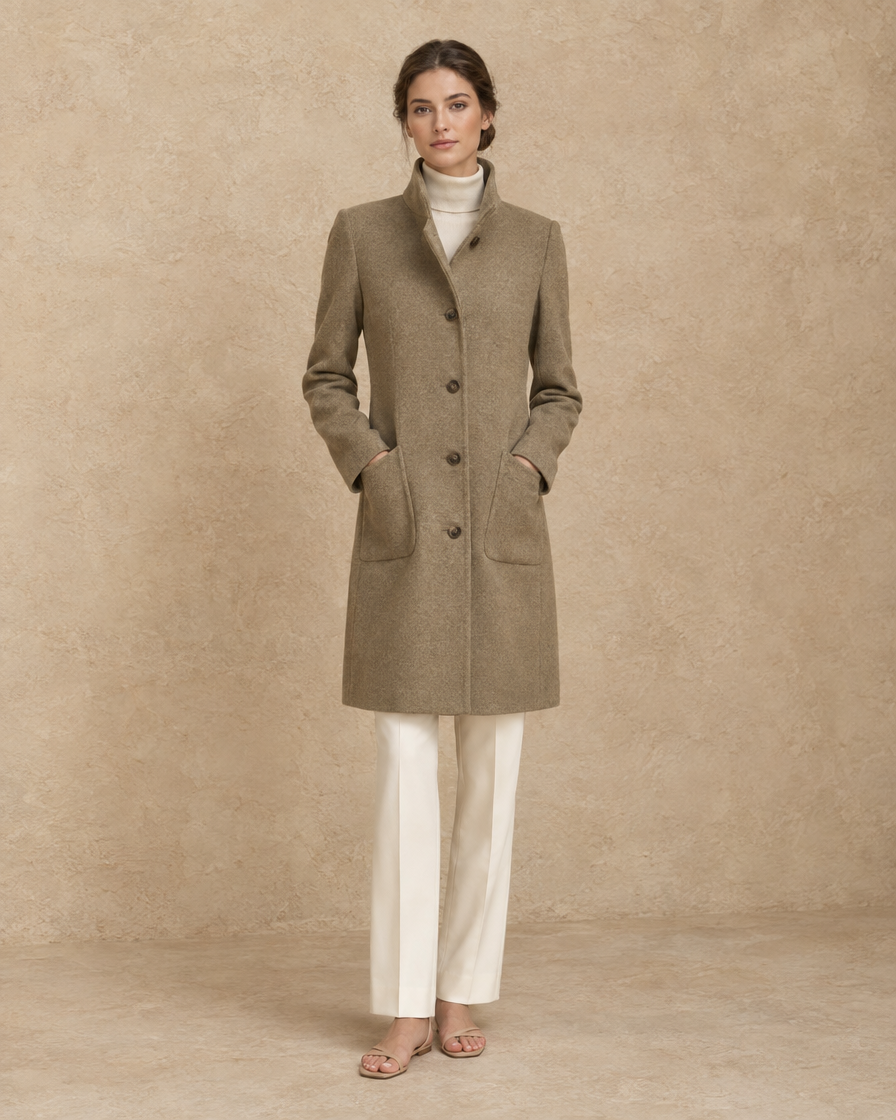Women's Stand-Collar Coat with Deep Pockets — full length front, Khaki
