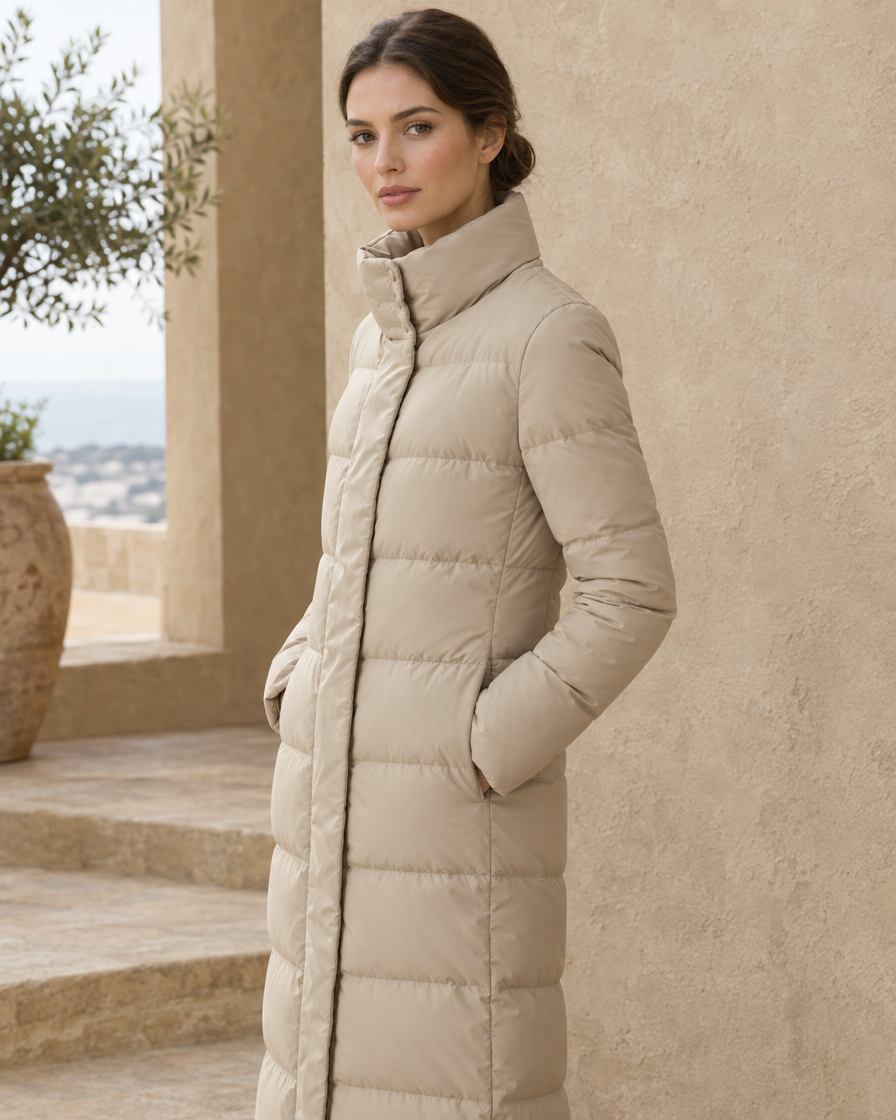 ONORA Winslow Full-Length Quilted Puffer Coat — three-quarter view