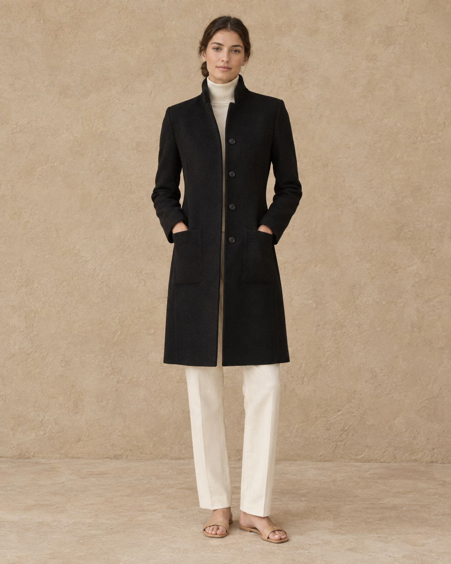 Women's Stand-Collar Coat with Deep Pockets — Black