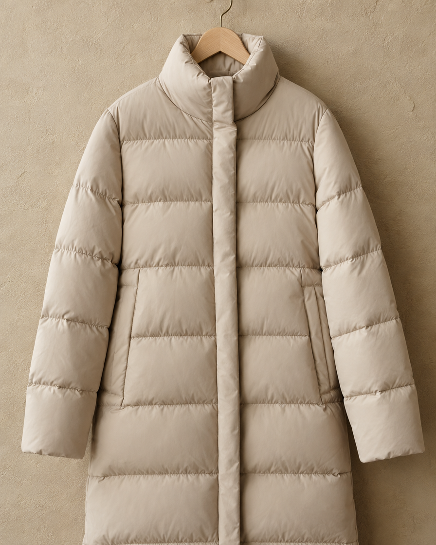 ONORA Winslow Full-Length Quilted Puffer Coat — stand collar and quilting detail