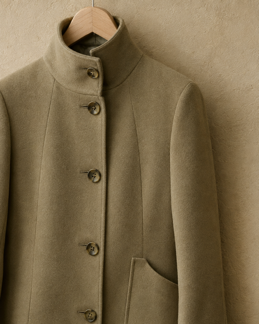 Women's Stand-Collar Coat with Deep Pockets — collar and pocket detail