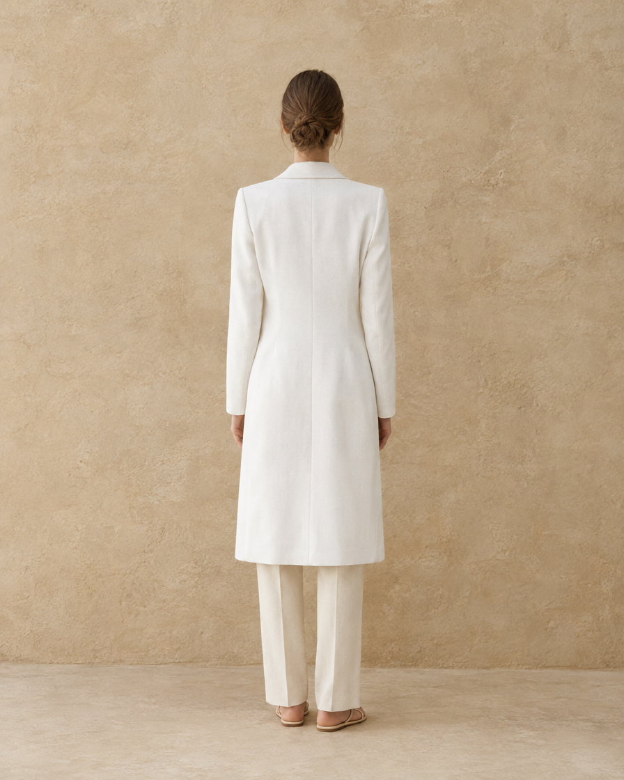 ONORA Whitfield Blazer-Cut Long White Coat — full length back