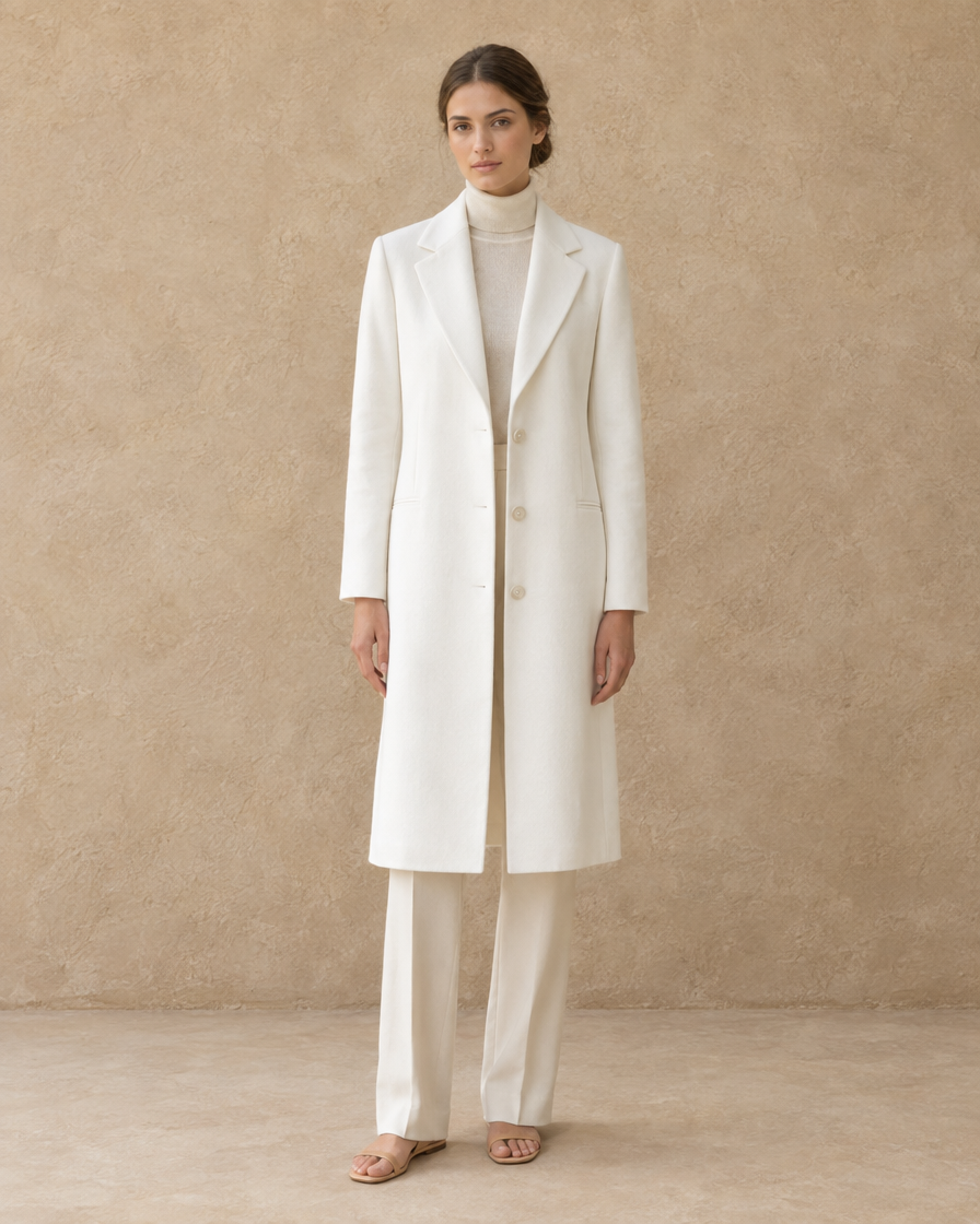 ONORA Whitfield Blazer-Cut Long White Coat — full length front