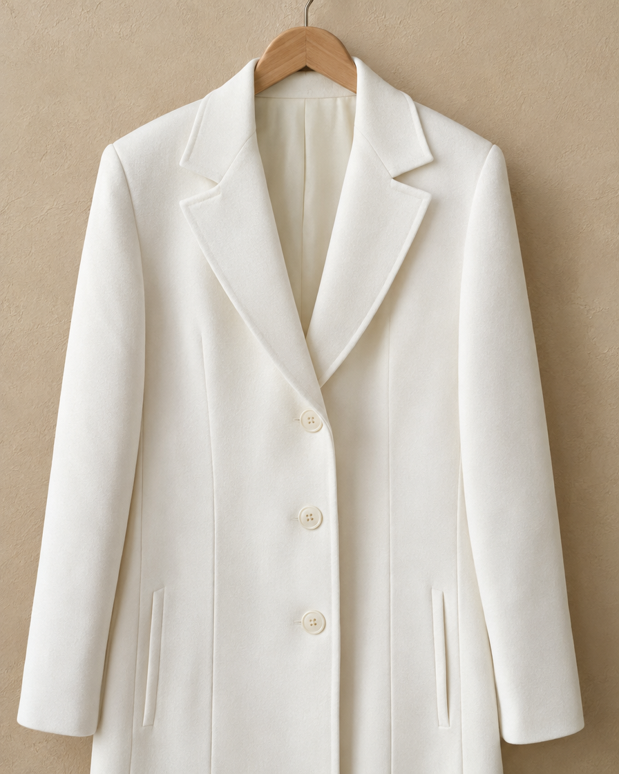 ONORA Whitfield Blazer-Cut Long White Coat — lapel and flat seam detail